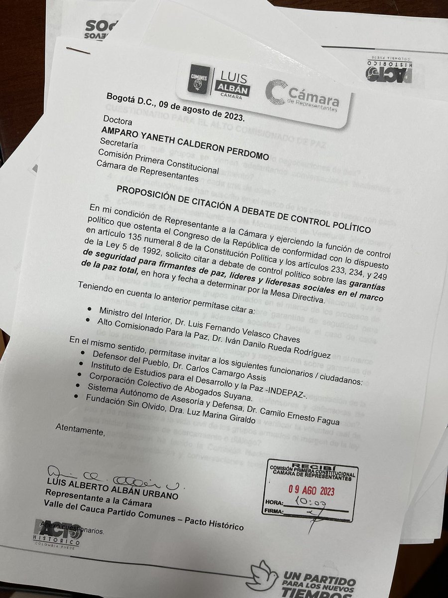AlbanComunes's tweet photo. Vamos a citar en #ComisionPrimera de @CamaraColombia a Debate de Control Político al Ministro del Interior @velascoluisf y al Alto Comisionado para la Paz @IDARDOS por las garantías de seguridad para firmantes de paz y liderazgos sociales en el marco de la #PazTotal. https://t.co/ghZvEgp8jc