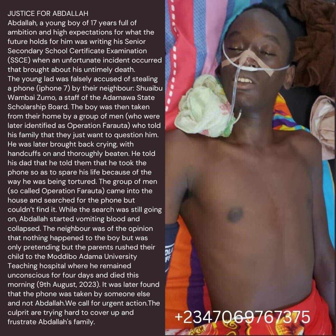 Faridatu001's tweet photo. JUSTICE FOR ABDALLAH
Abdallah, a young boy of 17 years full of ambition and high expectations for what the future holds for him was writing his Senior Secondary School Certificate Examination (SSCE) when an unfortunate incident occurred that brought about his untimely death. https://t.co/WTguXuFMiA