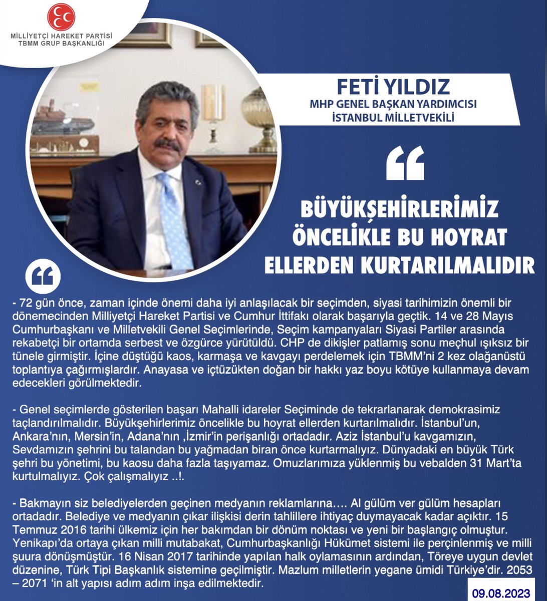 MHP TBMM Grubu #MHP (@mhptbmmgrubu) on Twitter photo MHP Genel Başkan Yardımcısı ve İstanbul Milletvekilimiz Feti Yıldız <a href="/YildizFeti/">Feti Yıldız</a>: Büyükşehirlerimiz öncelikle bu hoyrat ellerden kurtarılmalıdır
mhphaber.com/?p=9469 MHP Genel Başkan Yardımcısı ve İstanbul Milletvekilimiz Feti Yıldız <a href="/YildizFeti/">Feti Yıldız</a>: Büyükşehirlerimiz öncelikle bu hoyrat ellerden kurtarılmalıdır
mhphaber.com/?p=9469