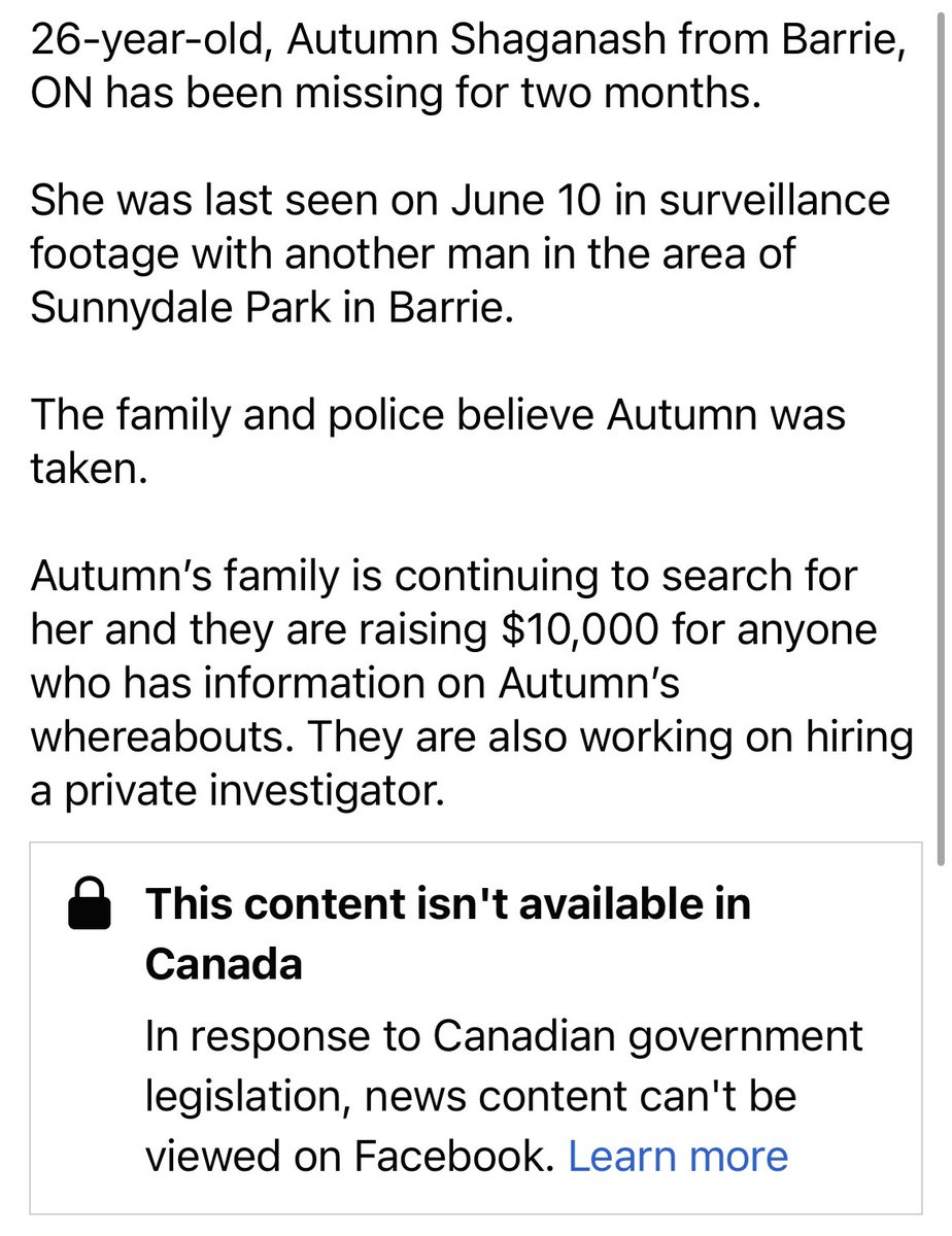 CreesOnCBC's tweet photo. While Facebook and the Canadian government can’t come to an agreement, there is stories like Autumn Shaganash’s that can’t be shared on FB so more people can know about her disappearance and can help find her: https://t.co/o7WXLGI6o4