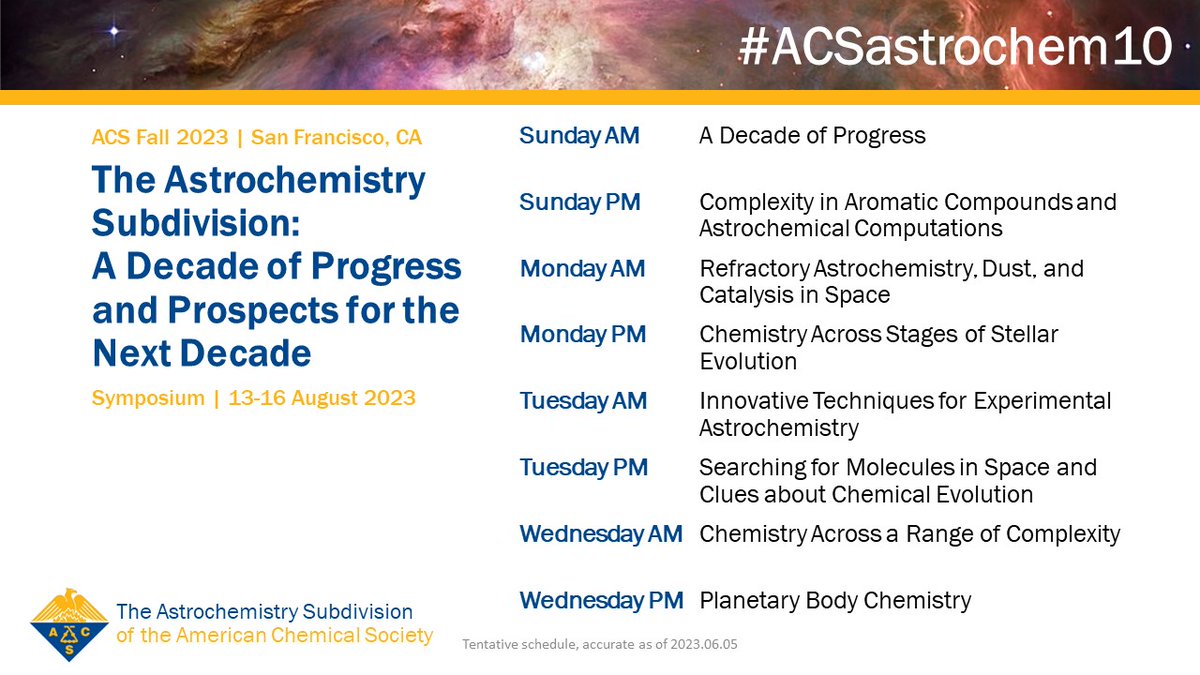 The #ACSastrochem10 symposium is packed with exciting sessions looking back at the first decade of the Astrochemistry Subdivision and inviting participants to think about the next! 

#ACSFall2023