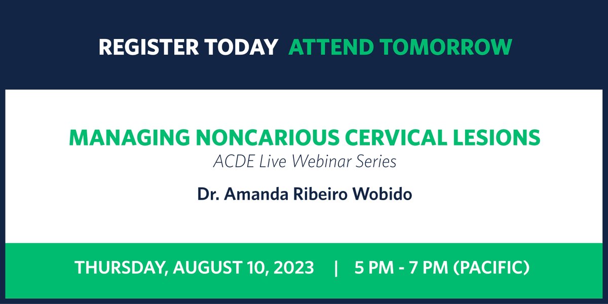 REGISTER TODAY ATTEND TOMORROW! 
MANAGING NONCARIOUS CERVICAL LESIONS
Thursday, August 10, 2023 | 5 PM - 7 PM (Pacific) | LIVE WEBINAR dentistry.ubc.ca/cde/calendar/