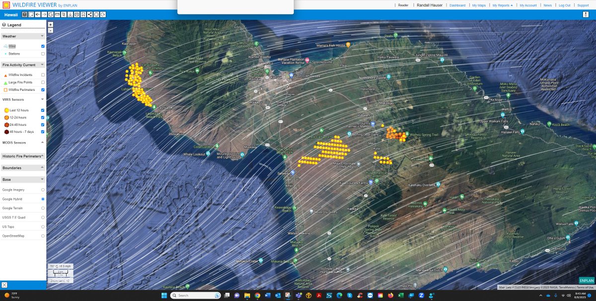 wildfireviewer's tweet photo. See fire spread thru GOES, VIIRS and MODIS NASA sensors. Wind speed and direction from NOAA. Red GOES polygons display detections from last hour. Pure data, simple cartography.
https://t.co/2NoChGK4V7
#MauiFires https://t.co/SJ4vQvNs9K