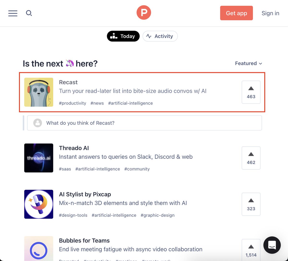 One of our members just got #1 on <a href="/ProductHunt/">Product Hunt 😸</a> 🏆

Big congrats to <a href="/matteo_titta/">Matteo | B2B Product Marketing ⚡️</a> and his team 👏

Check Recast out now 👇
producthunt.com/posts/recast-4