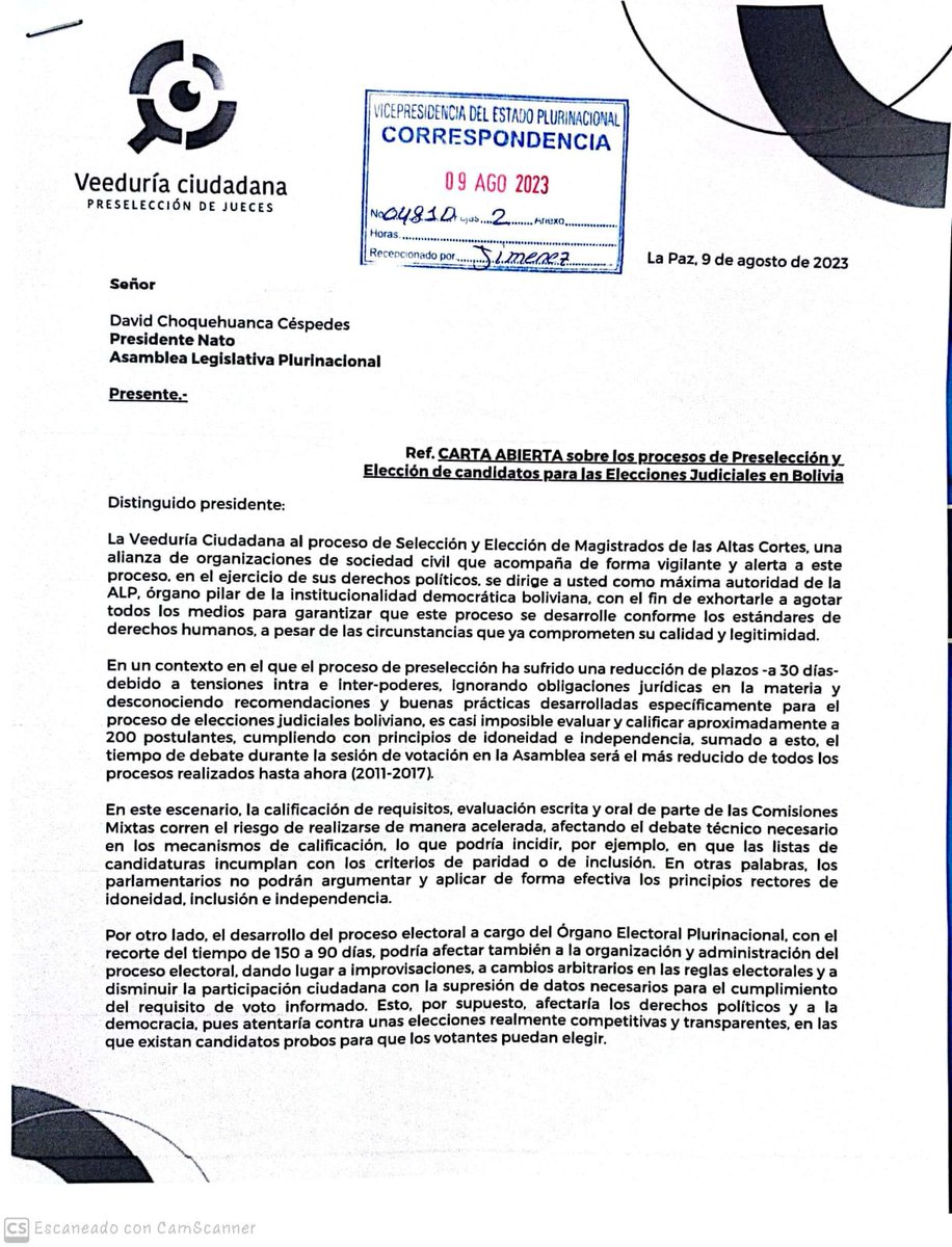 Carta abierta a la ALP (<a href="/SenadoBolivia/">Senado de Bolivia</a>/ <a href="/Diputados_Bol/">Cámara de Diputados de Bolivia</a>) y al <a href="/TSEBolivia/">TSE Bolivia</a> 

Veeduría Ciudadana pide Elecciones Judiciales con independencia, idoneidad, inclusión y transparencia

Lee la carta y la nota de prensa en shorturl.at/hGKL6

#PreselecciónJudiciales2023 #Bolivia