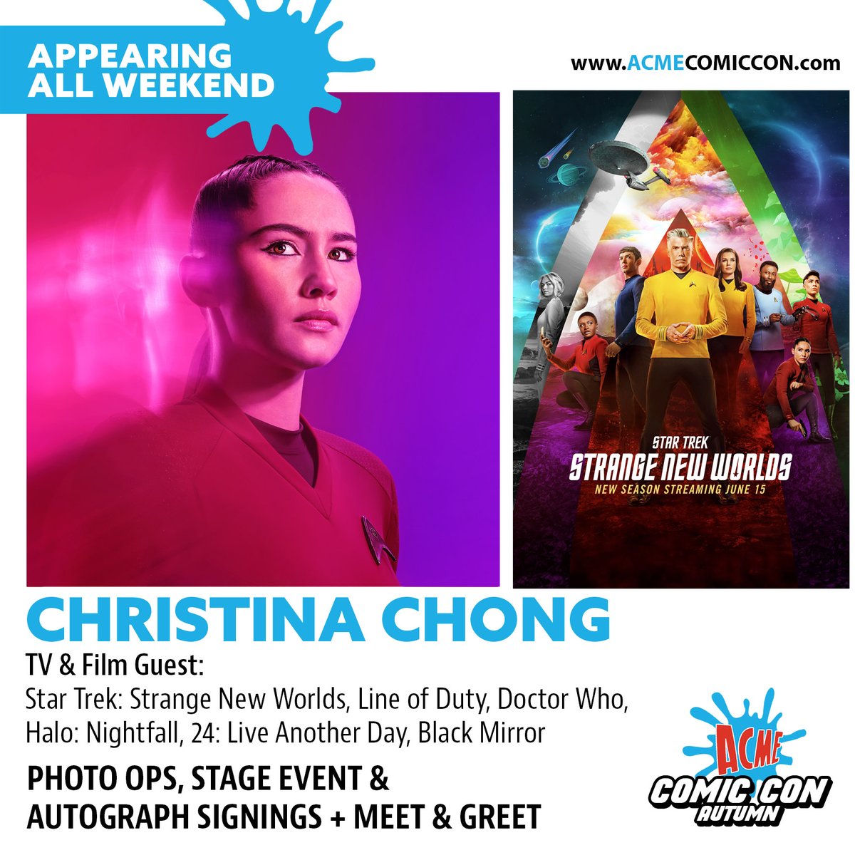 We are delighted to welcome <a href="/christinachongx/">Christina Chong</a> to Scotland for the first time. 
⭐️ Star Trek: Strange New Worlds
⭐️ Line of Duty
⭐️ 24: Live Another Day

Pre-book photo ops &amp; autographs
tinyurl.com/3swkzzd6

Limted Meet &amp; Greet opportunity
tinyurl.com/yc3b9d9y

#acmecomiccon