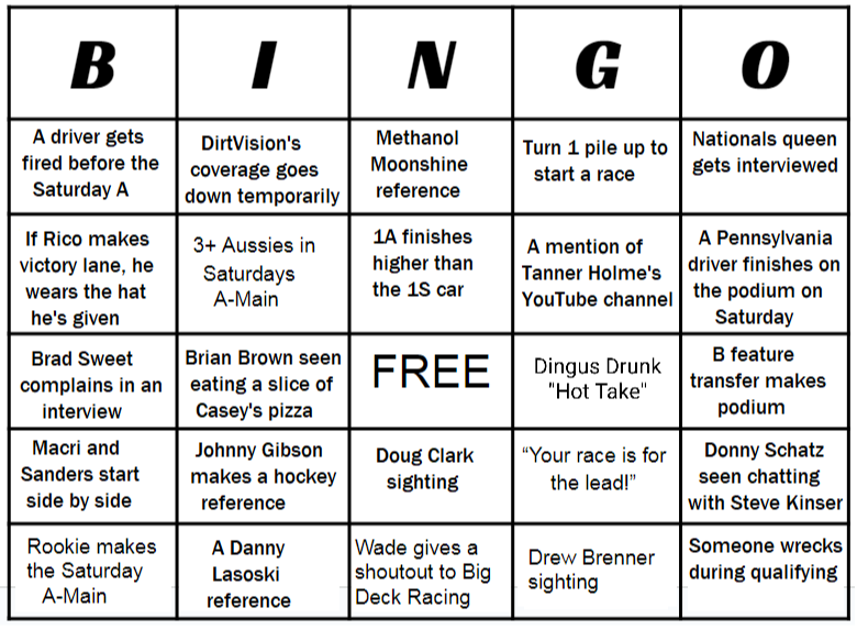 Big_Deck_Racing's tweet photo. Ask and you shall receive! Bingo card #2 for the @KnoxvilleNats! See how many boxes you can check off!

@PAPosse_410 @Rico_Abreu @bradsweetracing @BrianBrown21 https://t.co/olnMFudVw2
