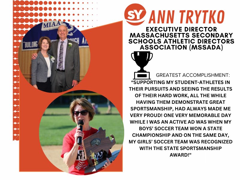 sportsYou's tweet photo. #WomeninSportsWednesday spotlights Ann Trytko, Executive Director Massachusetts Secondary Schools Athletic Directors  Association. sportsYou is proud of the strong women on our platform and the way they impact the world around them! 💫#PowerfulWomen #sportscommunication #MSSADA https://t.co/O0UBv465ot