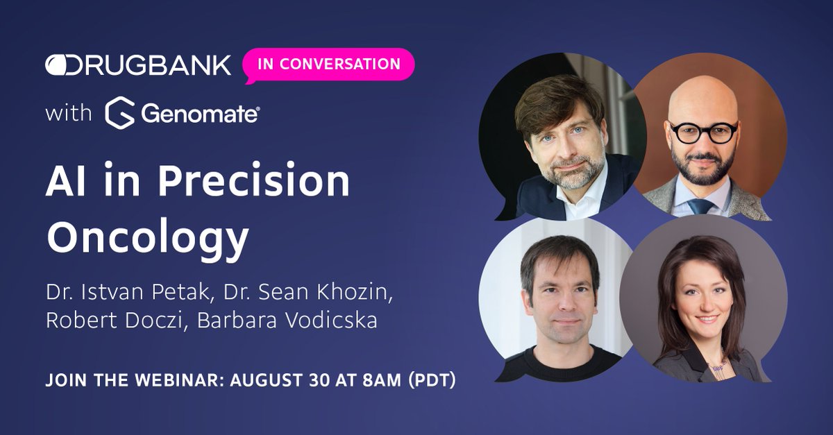 On the 30th of August, we will sit down with the <a href="/DrugBankDB/">DrugBank</a> team for an exciting chat - "DrugBank In Conversation: AI in Precision Oncology, with Genomate".

Curious to learn more? Secure your spot now: app.livestorm.co/drugbank/drugb…

#PrecisionOncology #AIinMedicine
