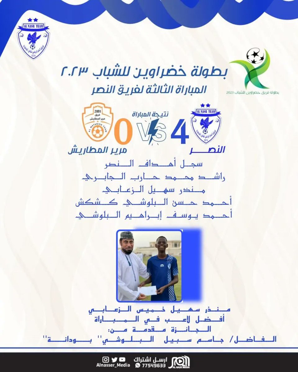 انتهت المبارة  بين فريق النصر وفريق مريرالمطاريش بنتيجة ٤ أهداف مقابل صفر لمصلحة فريق النصر ... #نصر_شناص #نادي_السلام