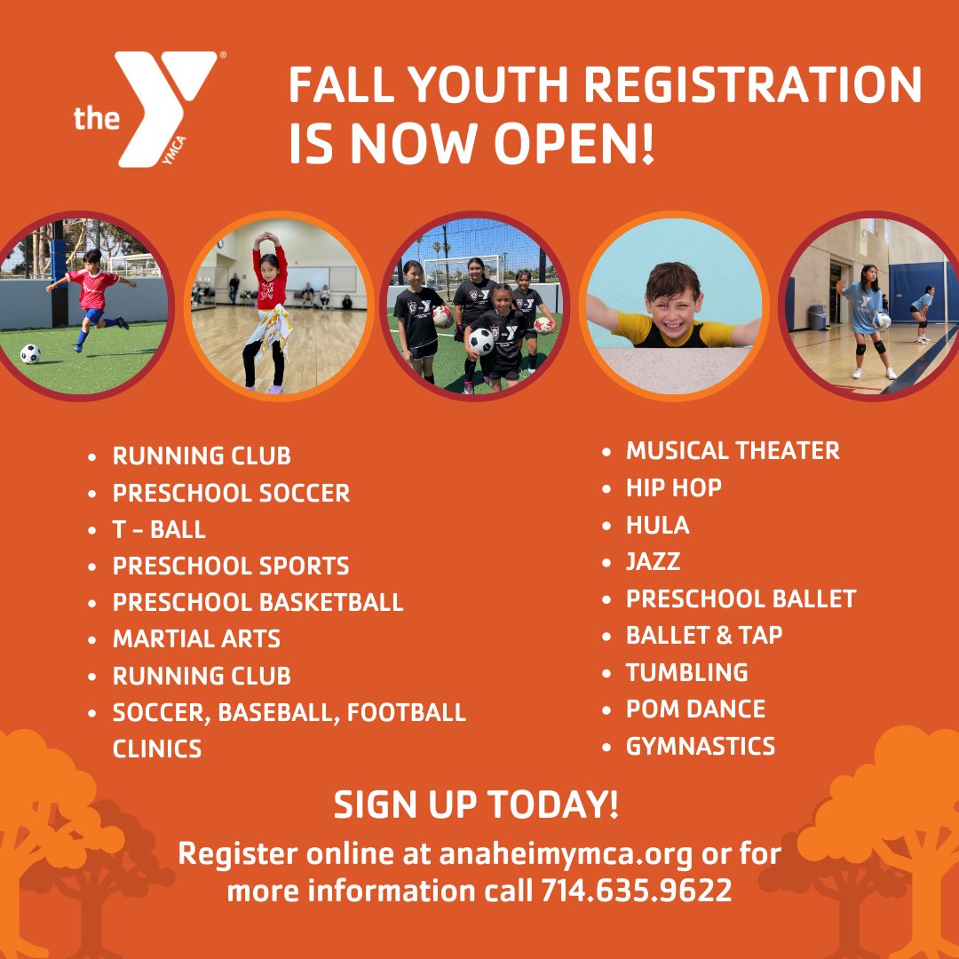 Get in motion with the Y!

Fall registration is now open at the Anaheim Family YMCA! From performing arts to sports, there's something for everyone. 
Sign up for our programs at anaheimymca.org to reserve your spot. 

#AnaheimYMCA #Autumn2023  #ForABetterUs