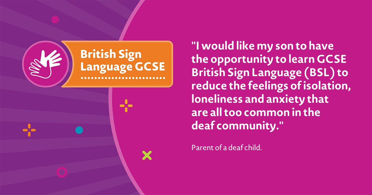 Parents across England want their children to have the opportunity to study British Sign Language (BSL). Now is your chance to share your thoughts on the <a href="/educationgovuk/">Department for Education</a> BSL GCSE draft subject content 👇
bit.ly/3p2KE3r

#BSL #BritishSignLanguage #SignLanguage #BSLGCSE