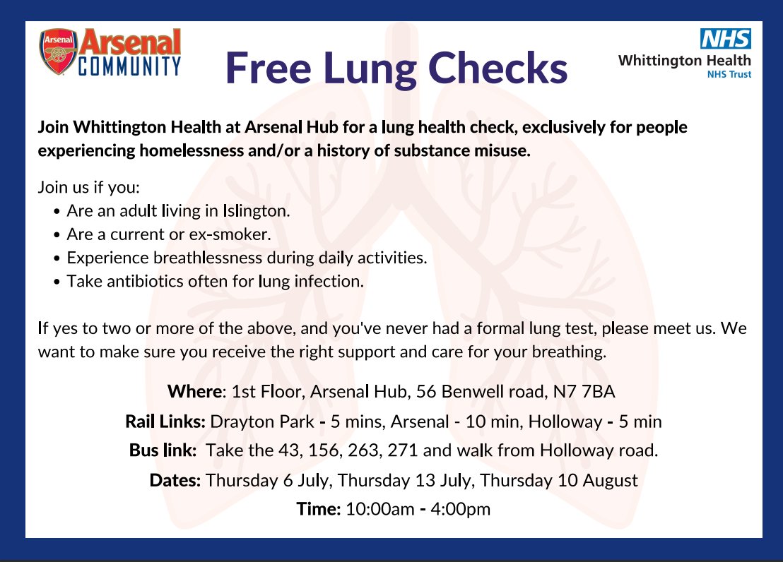 Pulmonary Rehab Awareness (pulmonaryrehab@bluesky) (@prwukee) on Twitter photo Common theme emerging from mental health, homeless & addiction pathways- high prevalence of smoking, small numbers diagnosed with chronic respiratory conditions. Why?
In an attempt to improve access to diagnostics <a href="/WhitHealth/">Whittington Health NHS Trust</a> offering walk in clinics <a href="/AFCCommunity/">Arsenal Community</a> Common theme emerging from mental health, homeless & addiction pathways- high prevalence of smoking, small numbers diagnosed with chronic respiratory conditions. Why?
In an attempt to improve access to diagnostics <a href="/WhitHealth/">Whittington Health NHS Trust</a> offering walk in clinics <a href="/AFCCommunity/">Arsenal Community</a>