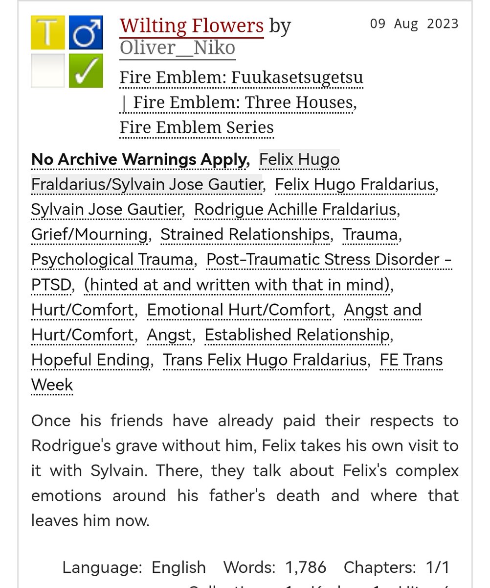 nikobynight's tweet photo. Sylvix/Felix centric | Rated: T | 1,700 words
For day 5 of #FETransWeek, Scars and Hurt/Comfort, I explored Felix's complex grief and guilt following his father's death.
Link below 💙 https://t.co/nuchKpEAZj