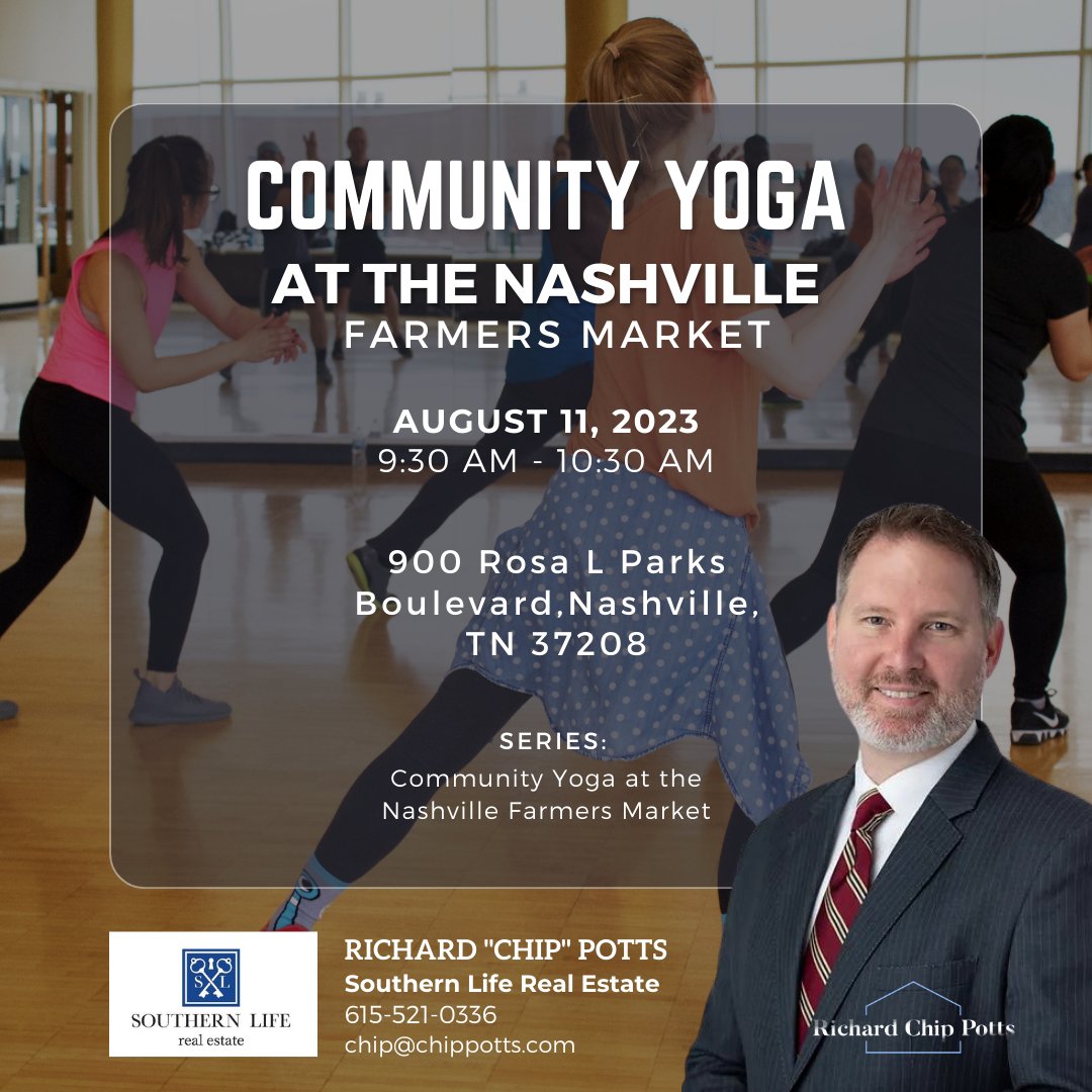 Community Yoga at the Nashville Farmers Market on August 11, 2023, at 9:30 am on Friday
.
.
#nashvillerealtor #southernliferealestate #slre #nashvilletn #middletn #middletnrealestate #nashvillerealestate #realestate #franklinrealestate #chippottsrealtor #broker