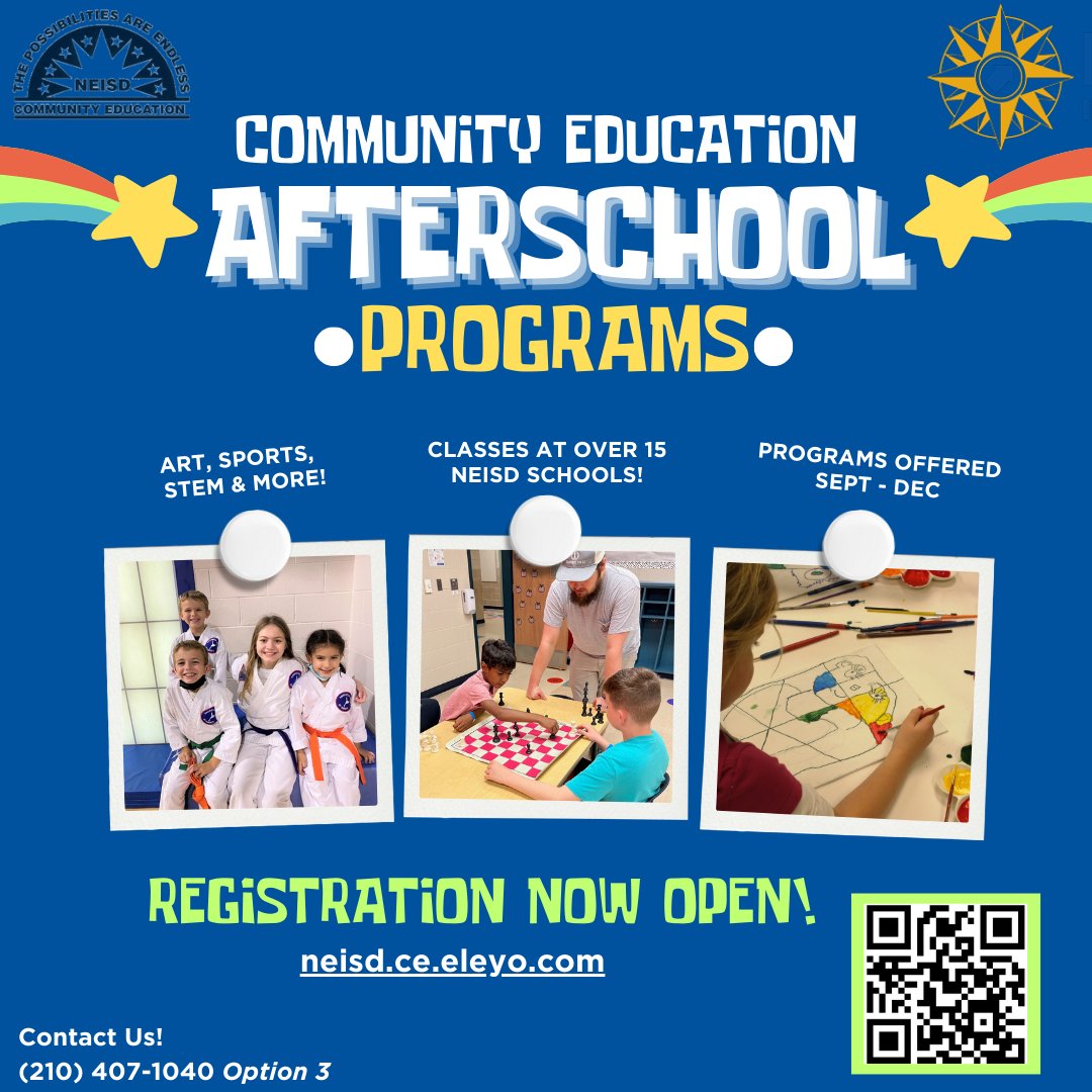 COMMUNITY EDUCATION IN FULL LAUNCH 🚀
Start the school year off right with a new hobby! Your student can learn art, dance, guitar, and so much more! Take a look at our available programs today! 🏐🎭🎨🏀
tinyurl.com/yv7sa7ax

#theNEISDway #NorthEastISD #CommunityEducation