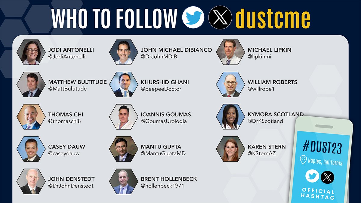 DUST Symposium (@dustcme) on Twitter photo We look forward to seeing you tomorrow at #DUST23!
Follow our incredible #DUSTCME faculty <a href="/peepeeDoctor/">Khurshid Ghani</a> <a href="/JodiAntonelli/">Jodi Antonelli</a> <a href="/MattBultitude/">Matthew Bultitude</a> <a href="/thomaschi8/">Thomas Chi</a> <a href="/caseydauw/">Casey Dauw</a> <a href="/DrJohnDenstedt/">John Denstedt</a> <a href="/DrJohnMDiBi/">John Michael DiBianco</a> @GoumasUrologia <a href="/MantuGuptaMD/">Mantu Gupta, M.D.</a> <a href="/hollenbeck1971/">Brent Hollenbeck</a> <a href="/lipkinmi/">Michael Lipkin</a> <a href="/willrobe1/">Will Roberts</a> <a href="/DrKScotland/">Dr. Kymora (Kee-more-uh) Scotland MD PhD</a> <a href="/KSternAZ/">Karen Stern MD</a> We look forward to seeing you tomorrow at #DUST23!
Follow our incredible #DUSTCME faculty <a href="/peepeeDoctor/">Khurshid Ghani</a> <a href="/JodiAntonelli/">Jodi Antonelli</a> <a href="/MattBultitude/">Matthew Bultitude</a> <a href="/thomaschi8/">Thomas Chi</a> <a href="/caseydauw/">Casey Dauw</a> <a href="/DrJohnDenstedt/">John Denstedt</a> <a href="/DrJohnMDiBi/">John Michael DiBianco</a> @GoumasUrologia <a href="/MantuGuptaMD/">Mantu Gupta, M.D.</a> <a href="/hollenbeck1971/">Brent Hollenbeck</a> <a href="/lipkinmi/">Michael Lipkin</a> <a href="/willrobe1/">Will Roberts</a> <a href="/DrKScotland/">Dr. Kymora (Kee-more-uh) Scotland MD PhD</a> <a href="/KSternAZ/">Karen Stern MD</a>