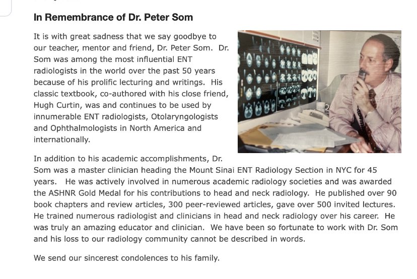 What a truly remarkable homage to the legacy of Dr. Peter Som. Served as the Director of Head and Neck Radiology and Professor of Radiology and Otolaryngology. Dr. Som was a revolutionary figure in the realm of head and neck imaging. @MountSinaiDMIR @NeuroSinai @TheENRS @RofskyMD