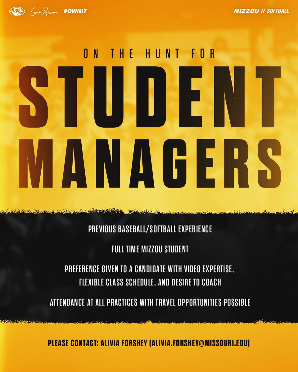 Mizzou Softball (@mizzousoftball) on Twitter photo 🗣️ #Mizzou Students!!
We’re looking for some Bullpen Catchers and Student Managers. Interested Missouri students should email Alivia Forshey (Alivia.forshey@missouri.edu).
#OwnIt #MIZ 🐯🥎 🗣️ #Mizzou Students!!
We’re looking for some Bullpen Catchers and Student Managers. Interested Missouri students should email Alivia Forshey (Alivia.forshey@missouri.edu).
#OwnIt #MIZ 🐯🥎