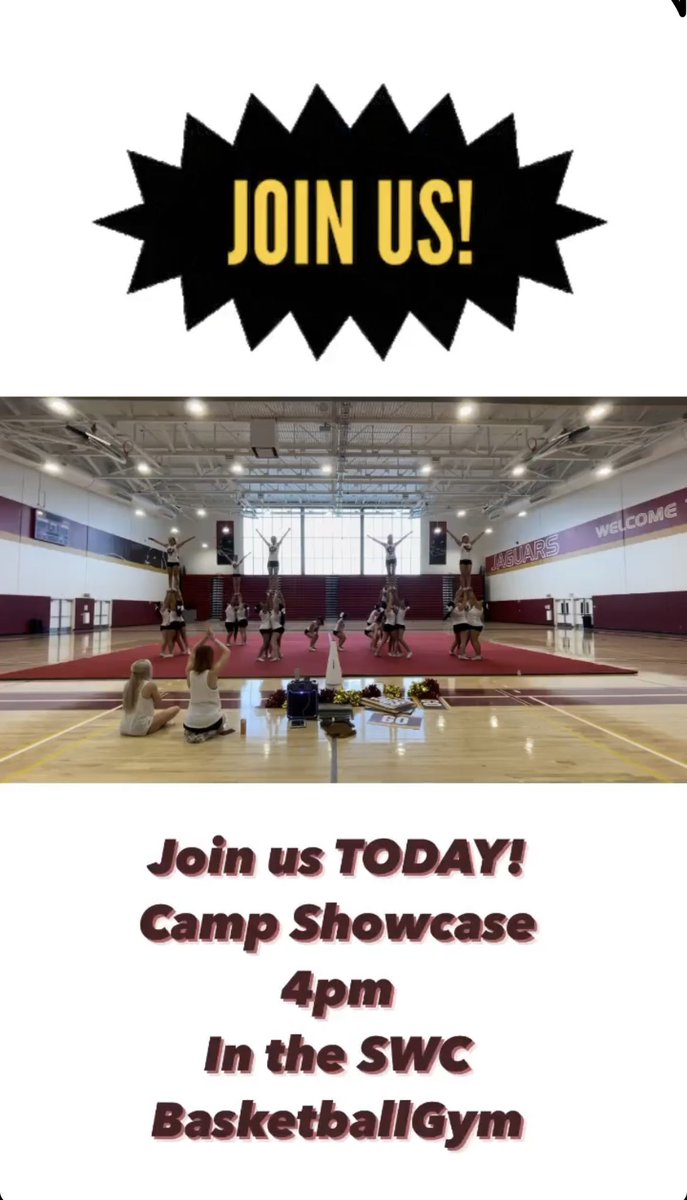 SWCCheer's tweet image. Join Us Today!!! @ 4pm basketball gym 
#swccheer #showcase #cheer #jagnation 

@swc_news @SWCASO @CoachAGoodwin @CoachBurhop @SWCtrustee @SWCfb