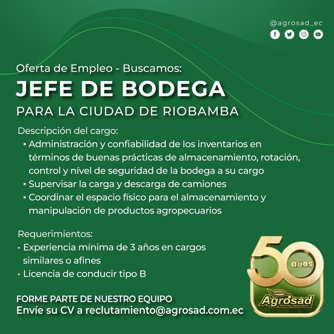 Estamos en la búsqueda de Jefe de Bodega para #Riobamba Si cumples con el siguiente perfil envía tu hoja de vida a reclutamiento@agrosad.com.ec y coloca en el asunto la vacante a postular. #reclutamiento #vacante #hiring #JefeBodega