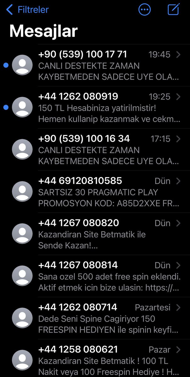 Bugün bahis şirketlerinden bana gelen mesajlar. Telefon numaralarımızı her kim bunlara satmışsa Allah belalarını versin.
Engele engelle bitmiyorlar.