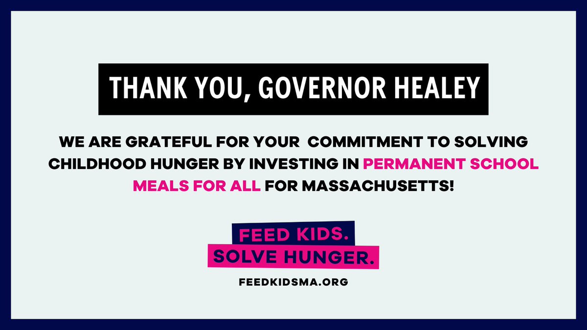 Thank You to <a href="/MassGovernor/">Governor Maura Healey</a> and the entire MA legislature, for investing in permanent #SchoolMealsforAll! Your commitment to solving hunger is transforming the reality of over 400,000 kids by ensuring they have access to the nutrition they need to thrive. #FeedKidsMA <a href="/projectbread/">Project Bread</a>