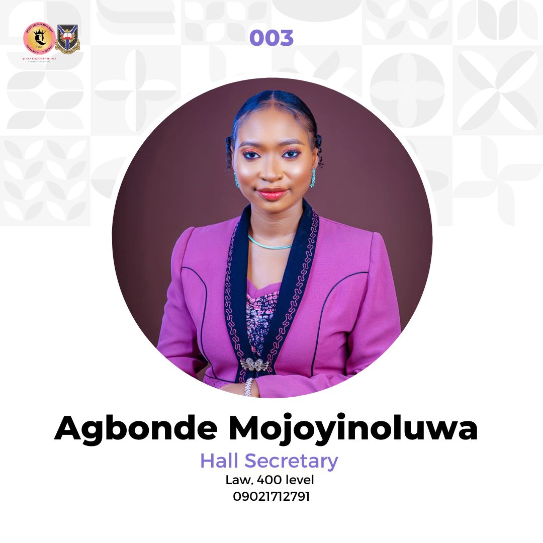 queenshall_ui's tweet photo. QEIIH MEET YOUR EXECUTIVES SERIES π
Name: Mojoyinoluwa Agbonde
Email: mojoyinsep@gmail.com
Contact No: 09021712791
Date of Birth: 23/09
Portfolio: Hall Secretary
Hobbies: Reading
#QEIIH'003
#KnowYourExcos'23 https://t.co/AZAumLvThk