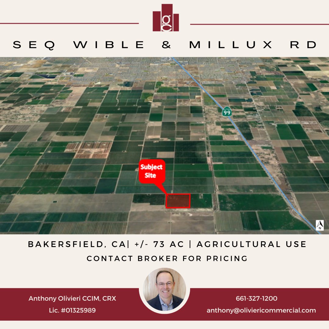 OCG16's tweet photo. Agricultural Land for sale!

The available 73 acres provide a significant land area for individuals interested in agricultural use or other development opportunities.

For pricing contact our broker at 661-327-1200

#agriculture #agricultureforsale #bakersfieldca #cre https://t.co/cb2aVmbXf4