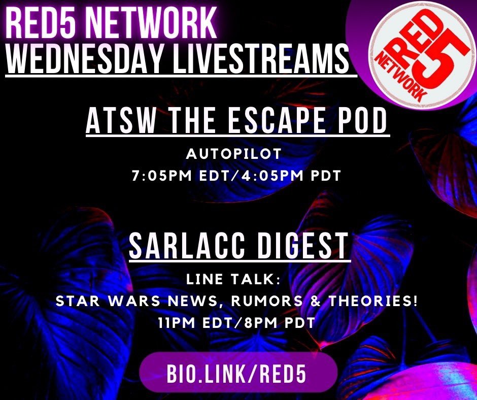 YOUR Red 5 Network (@red5network) on Twitter photo Hey, guess what?! You made it halfway through the work week! Why not kick back & relax in the live chats of the guys tonight at <a href="/ATheescapepod/">ATSW THE ESCAPE POD .. where friends gather</a> & <a href="/SarlaccDigest/">SarlaccDigest</a> on YouTube? You’ll be glad you did! Hey, guess what?! You made it halfway through the work week! Why not kick back & relax in the live chats of the guys tonight at <a href="/ATheescapepod/">ATSW THE ESCAPE POD .. where friends gather</a> & <a href="/SarlaccDigest/">SarlaccDigest</a> on YouTube? You’ll be glad you did!
