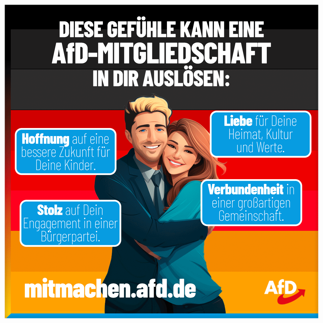 AfD's tweet photo. Weils gerade passt: Jetzt #AfD-Mitglied werden, mit uns für eine bessere Zukunft kämpfen und stolz darauf sein, einer großen &amp; wachsenden Gemeinschaft von Menschen anzugehören, die genauso ticken wie Du. Wir freuen uns auf Dich! Sei dabei: https://t.co/zZZNx1IuPJ #RetweeetPlease https://t.co/uIzQB9LUoD