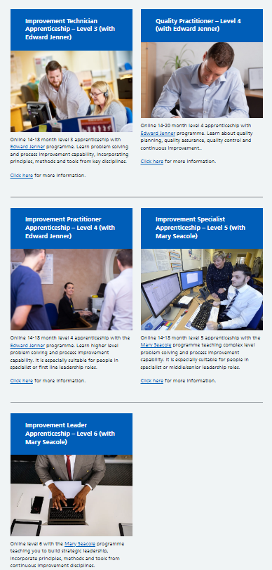 Helen Bevan (@helenbevan) on Twitter photo For those who work in health and care in England and want to develop/further a career in leadership for quality improvement. The NHS Leadership Academy <a href="/NHSLeadership/">NHS Leadership Academy 💙</a> is offering a series of 18 month funded QI apprenticeships. On offer are:
Level 3: Improvement Technician
Level For those who work in health and care in England and want to develop/further a career in leadership for quality improvement. The NHS Leadership Academy <a href="/NHSLeadership/">NHS Leadership Academy 💙</a> is offering a series of 18 month funded QI apprenticeships. On offer are:
Level 3: Improvement Technician
Level
