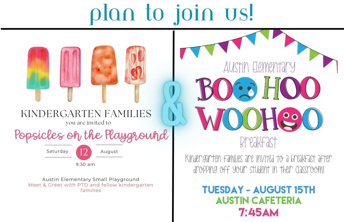 We can't wait to see all of our Mustang Families tomorrow night at Meet the Teacher! Kinder parents - please join us for Pops on the Playground on Saturday and to celebrate or commiserate at the Boohoo/Woohoo breakfast on your Mustang's FIRST day of school after dropoff!