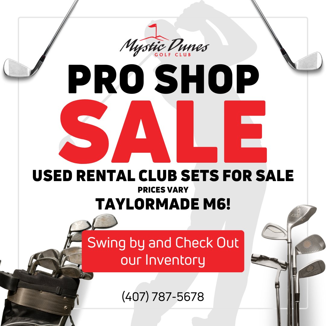 Swing by and check out our Pro Shop Sale on rental club sets (prices vary). Call for more information (407) 787-5678 🏌️‍♂️⛳🏌️‍♂️⛳