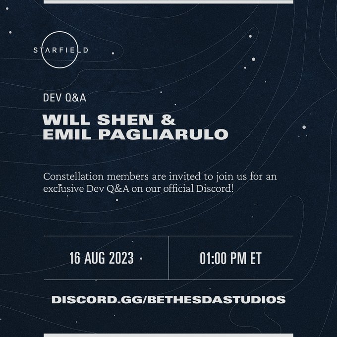 Starfield Dev Q&A with Will Shen and Emil Pagliarulo

Constellation members are invited to join us for an exclusive Dev Q&A on our official Discord!

August 16, 2023
1:00pm ET