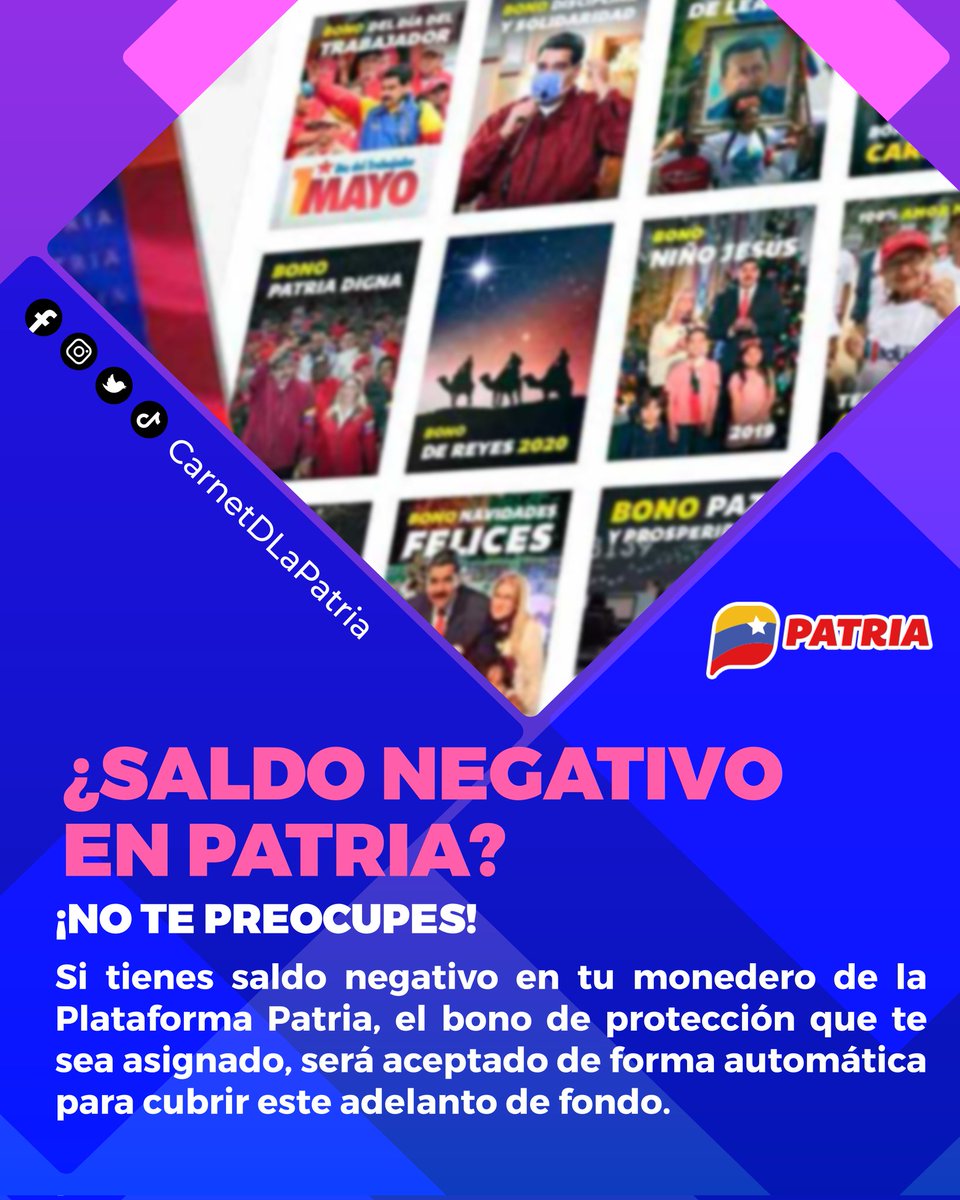 CarnetDLaPatria's tweet image. #Entérate|| ¿Tienes saldo negativo en tu monedero de la #PlataformaPatria?
¡No te preocupes! 
El #Bono que te sea asignado, será aceptado de forma automática para cubrir este adelanto de fondo.

#14AñosDeAmorTricolor #9Ago