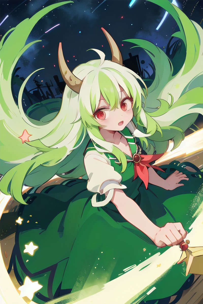 ex-keine ,kamishirasawa keine 1girl long hair horns solo green hair dress green dress  illustration images