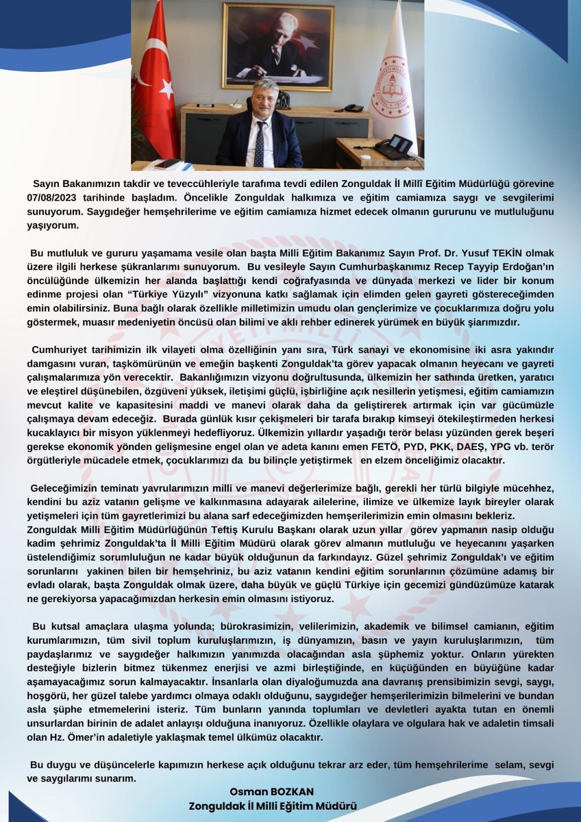 📢İl Millî Eğitim Müdürümüz Sn. Osman BOZKAN'ın göreve başlama mesajı.<a href="/tcmeb/">Millî Eğitim Bakanlığı</a> <a href="/Yusuf__Tekin/">Yusuf Tekin</a> <a href="/TC_Zonguldak/">Zonguldak Valiliği</a>