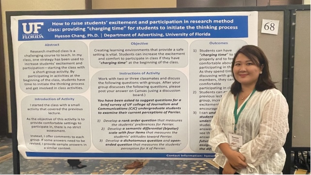 UFCJCGrad's tweet photo. How to Raise Students’ Excitement and Participation in a Research Methods Class: Providing “Charging Time” for Students to Initiate the Thinking Process with Hyesoo Chang #AEJMC23 @UFJSchool #GoGators https://t.co/ybvSrex4dV