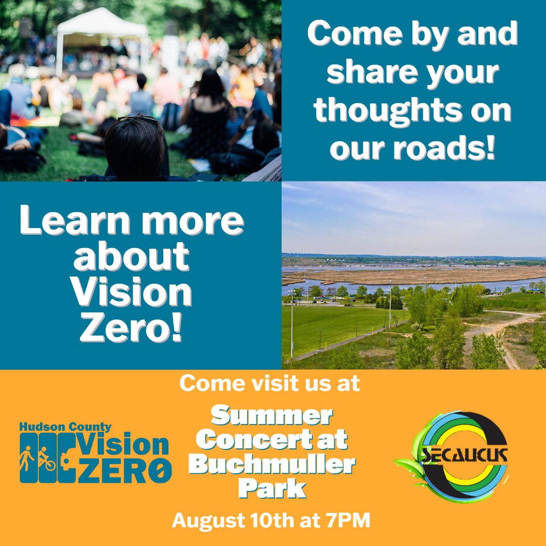 HudCoPlanning's tweet photo. Hey #Secaucus, come to the Summer Concert tomorrow at Buchmuller Park and learn more about Hudson County Vision Zero! We are looking for citizen thoughts and insight on our roads! #VisionZero #SummerConcert #HudsonCounty #SS4A 
@SecaucusNJ https://t.co/Z8AaehW74d