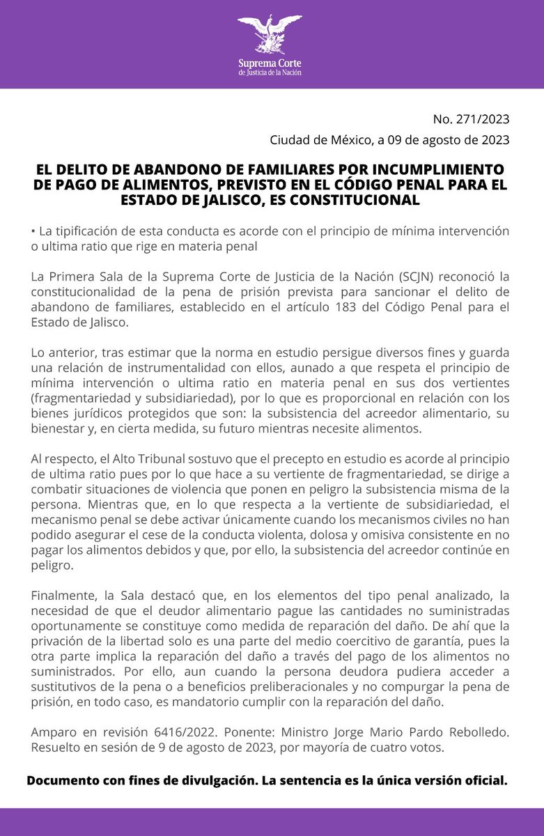SCJN's tweet photo. El delito de abandono de familiares por incumplimiento de pago de alimentos, previsto en el Código Penal para el Estado de Jalisco, es acorde al principio de mínima intervención en materia penal, por lo que es constitucional: #PrimeraSalaSCJN https://t.co/FslfDBb5r1 https://t.co/3DHkxrvlnE