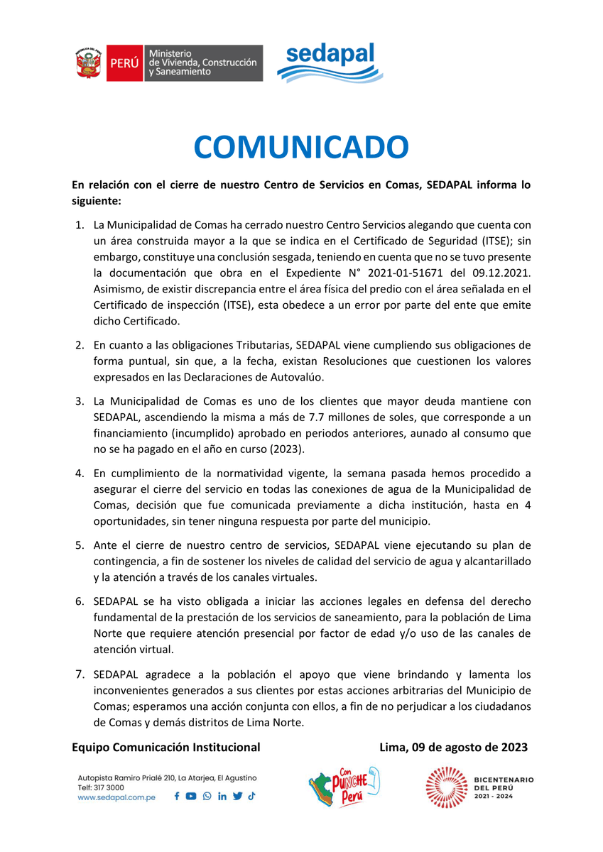 SedapalOficial's tweet photo. 🔊En relación con el cierre de nuestro Centro de Servicios en Comas, SEDAPAL informa lo siguiente: https://t.co/7beFLPUOyk