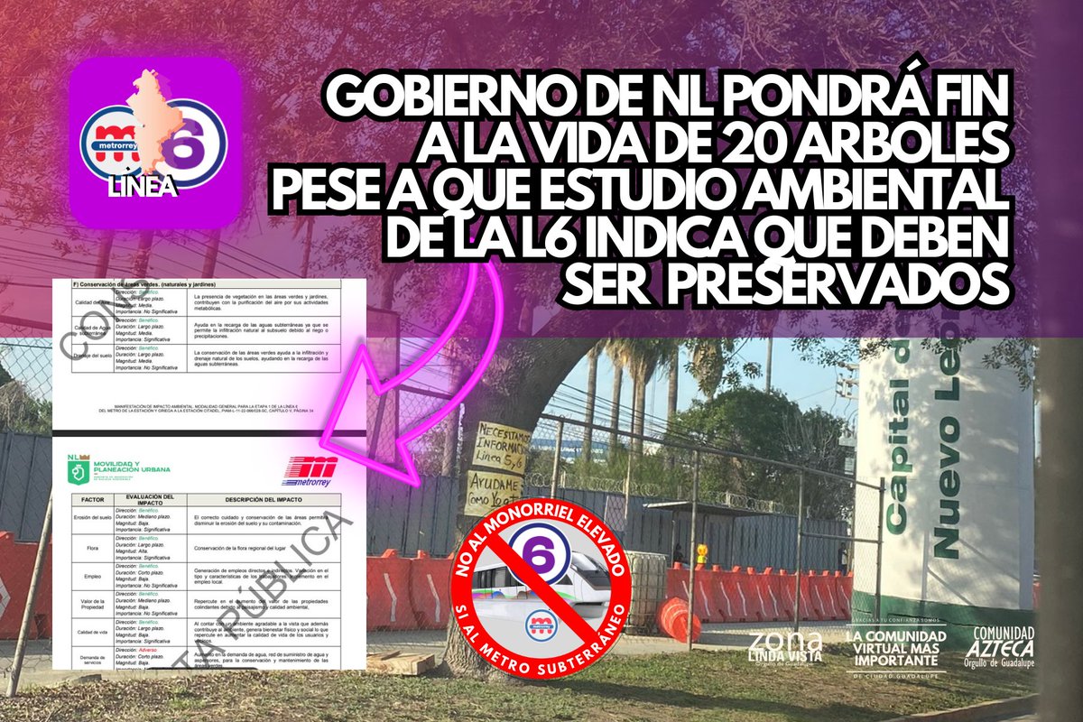 <a href="/VecinosOriente/">Vecinos Del Oriente</a> <a href="/samuel_garcias/">Samuel García</a> <a href="/colosioriojas/">Donaldo Colosio</a> <a href="/GMtzBerlanga/">G. Martínez Berlanga</a> <a href="/FranciscoleonJf/">Francisco León</a> <a href="/Arq_Benavides/">Hector Benavides F.</a> <a href="/lindavistagpe/">Zona Linda Vista</a> Mucho aspiracionismo hacia el primer mundo del Estado de NL con acciones de tercer mundo, pese a que estudio de Impacto Ambiental indica la preservación de la flora y fauna vecina de la L6, autoridades informaron que derribarán 20 árboles