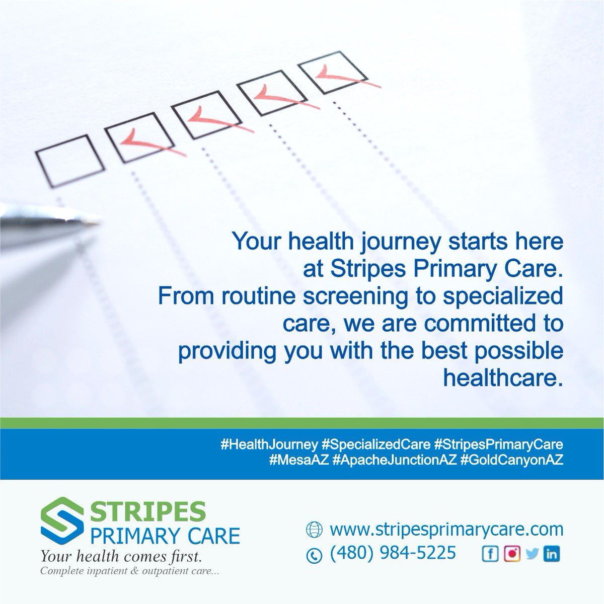 Stripes_care's tweet photo. With our comprehensive services and dedicated team, we’re here to support you on your path to well-being. Let’s walk this journey together. #HealthJourney #WellBeing #StripesPrimaryCare #MesaAZ #ApacheJunctionAZ #GoldCanyonAZ https://t.co/LfxQgkMv8v