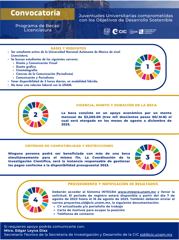 Convocatoria - Juventudes Universitarias comprometidas con los Objetivos de Desarrollo Sostenible.
🗓Registro del 7 al 16 de agosto de 2023
🔗INTEGRA: integra.unam.mx
📧 Enviar CV a proyectos.sid@cic.unam.mx
📥Dudas e informes sid@cic.unam.mx
#CIC #SDSN #UnaMejorJuventud