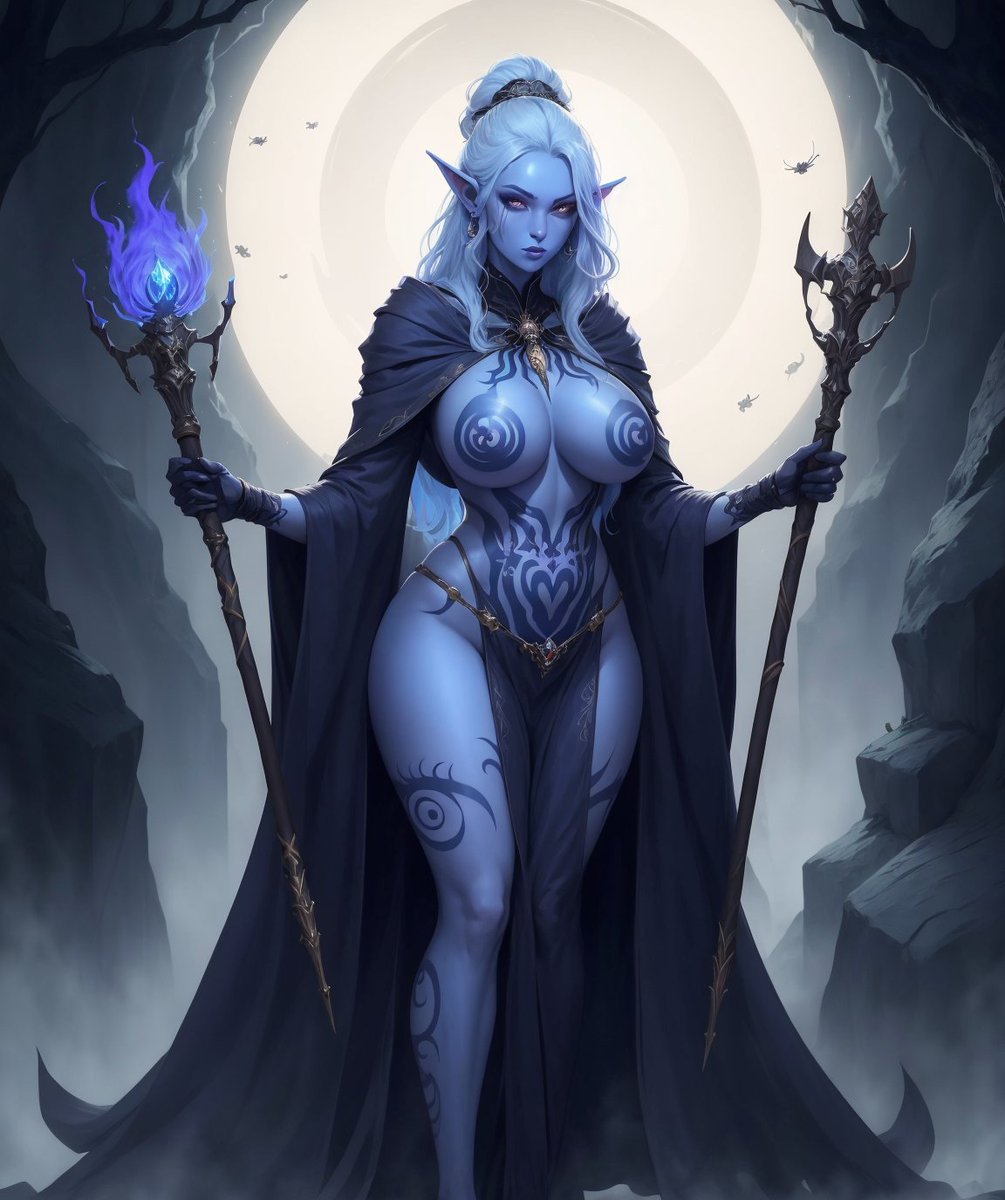 DiffusionWaifu's tweet photo. Unveiling the mystical world beneath: A Drow Priestess, a guardian of shadows, wields her arcane might within the depths of the cave. Her elegant presence and enchanted staff illuminate the darkness. ๐โจ#Drow #AIArt #aiwaifu #stablediffusion #diffusionisstable #darkelf #waifu https://t.co/a6tLLIiN7d