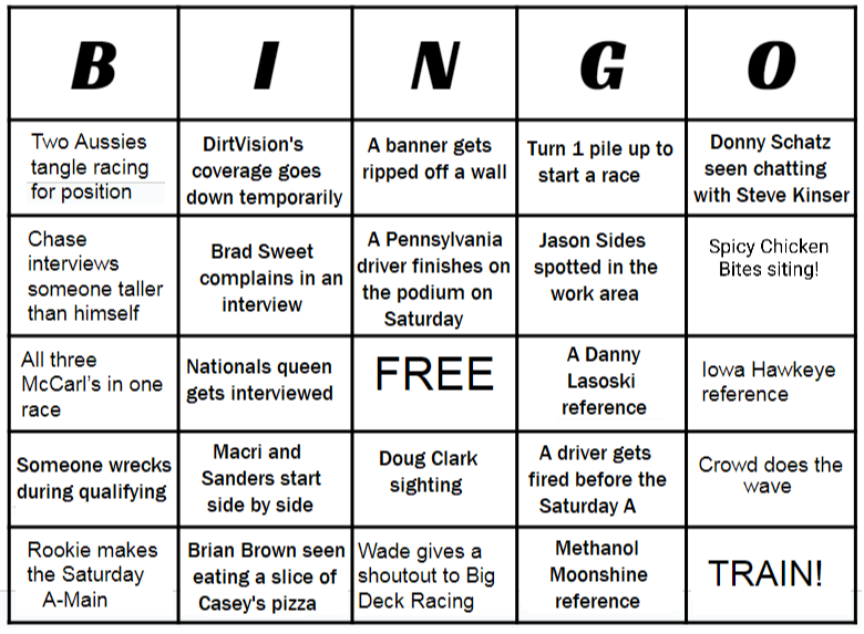 Big_Deck_Racing's tweet photo. Bingo card #3!! Hopefully everyone enjoys! Let us see your cards throughout the night! Here's to an awesome 4 days of wheel to wheel racing! @knoxvilleraces @KnoxvilleNats @KirstiPeterson https://t.co/X9ZHs2KQnz