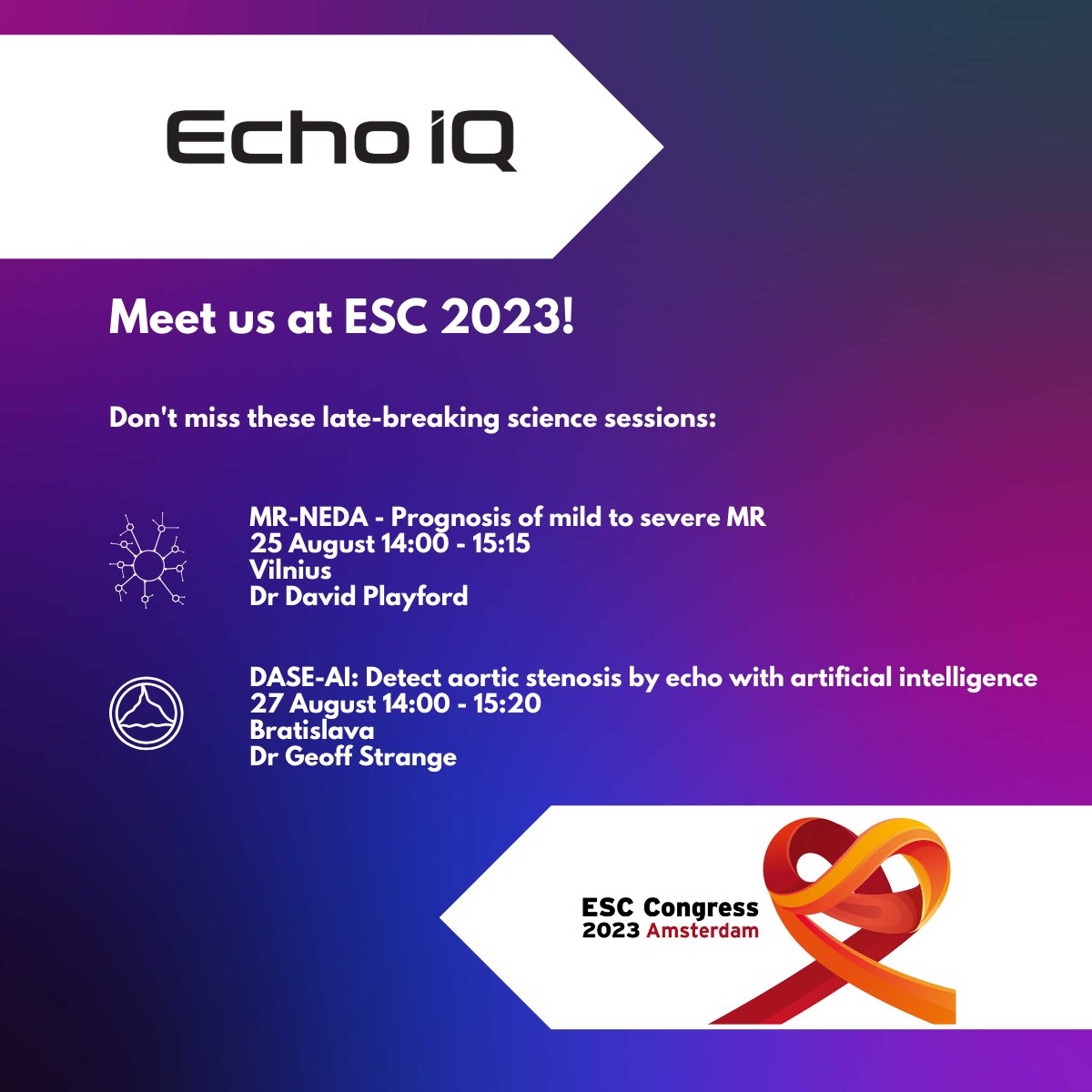 Echo IQ (ASX:EIQ) (@echoiq_ai) on Twitter photo Echo IQ has not one, but TWO late-breaking science sessions at #esc2023!
We're excited to be a part of the <a href="/escardio/">European Society of Cardiology</a> congress for many years in a row now and are looking forward to the conversations on innovation and medical progress with our esteemed colleagues. Join us there! Echo IQ has not one, but TWO late-breaking science sessions at #esc2023!
We're excited to be a part of the <a href="/escardio/">European Society of Cardiology</a> congress for many years in a row now and are looking forward to the conversations on innovation and medical progress with our esteemed colleagues. Join us there!