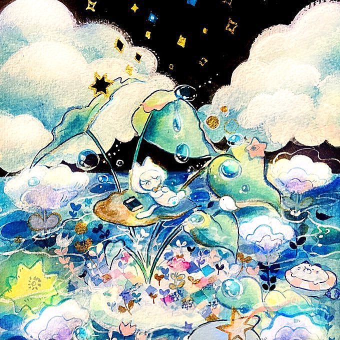 traditional media cloud star (symbol) painting (medium) watercolor (medium) flower water  illustration images