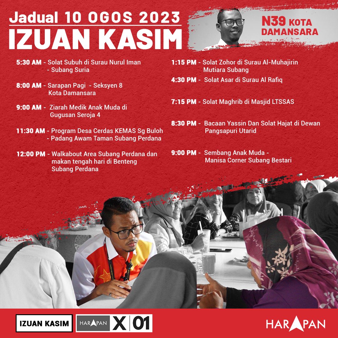 izuankasim's tweet photo. Berbaki 2 hari lagi. 

Ayuh warga N39 Kota Damansara!

Ikuti jadual saya hari ini 10 Ogos 2023. 

#KotaDamansaraKotaKita #ArusMerahKuning #KitaSelangor https://t.co/Wg3KTF1AVR